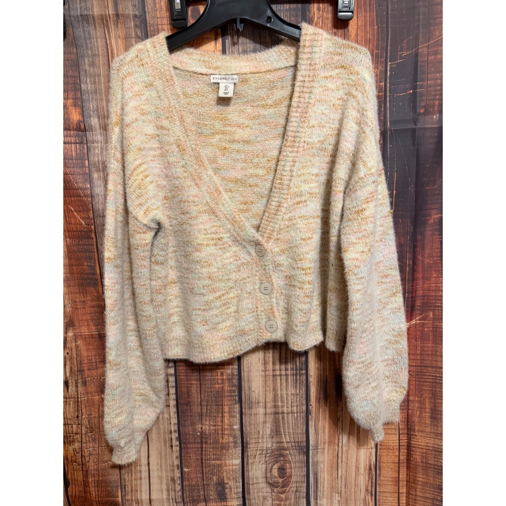 Sincerely Jules Womens Large Cropped Fuzzy Cardigan Sweater Peach Space Dye L